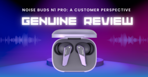 A pair of Noise Buds N1 Pro wireless earbuds placed beside their charging case on a sleek surface, highlighting their compact design and premium matte finish.